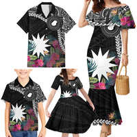 Black Nauru Family Matching Mermaid Dress and Hawaiian Shirt Naoero Map With Polynesian Tropical Flowers LT14 - Polynesian Pride