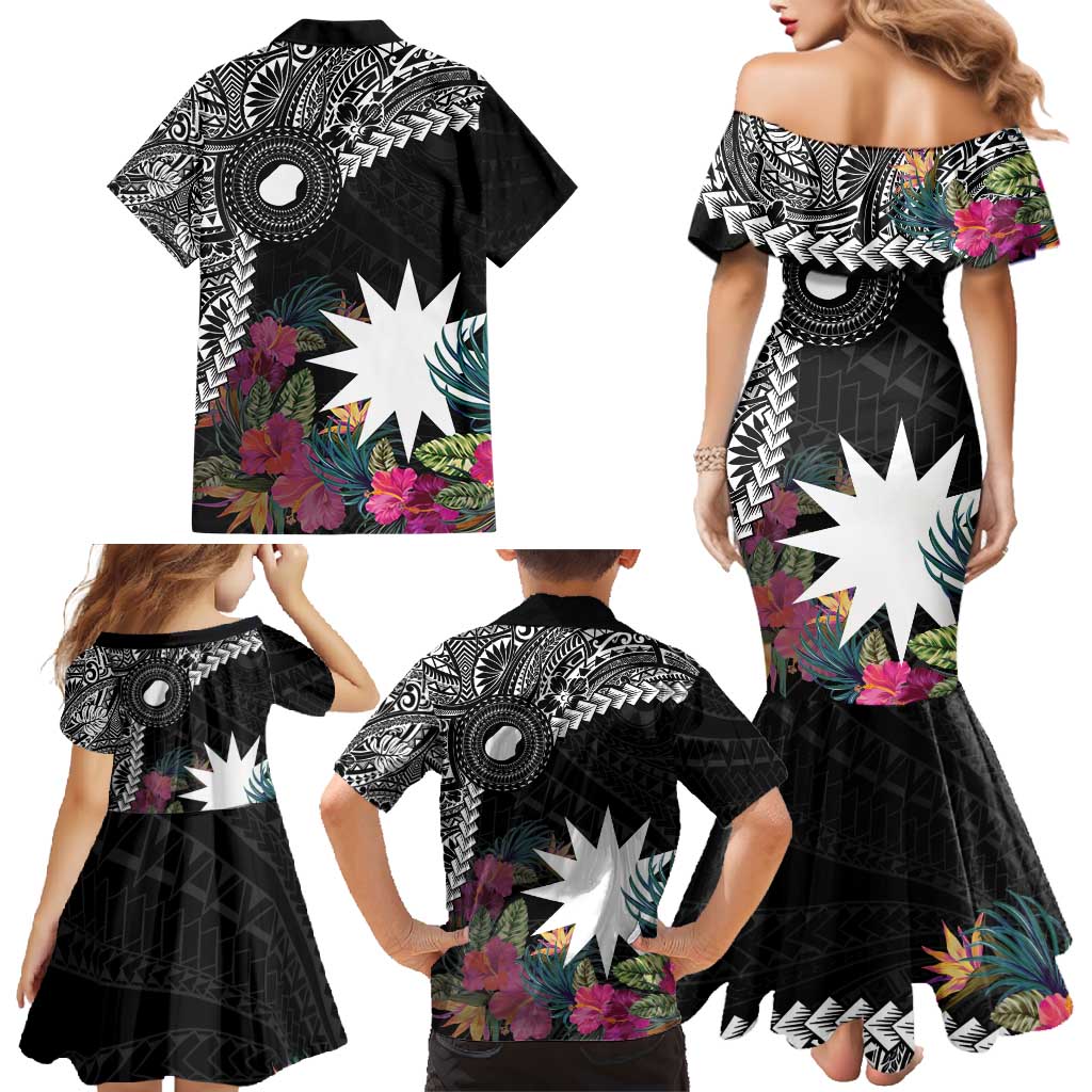 Black Nauru Family Matching Mermaid Dress and Hawaiian Shirt Naoero Map With Polynesian Tropical Flowers LT14 - Polynesian Pride