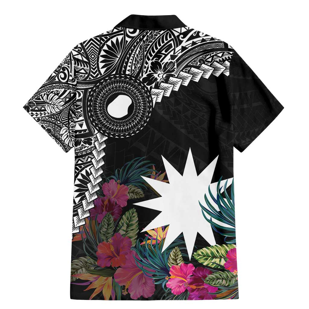 Black Nauru Family Matching Mermaid Dress and Hawaiian Shirt Naoero Map With Polynesian Tropical Flowers LT14 - Polynesian Pride