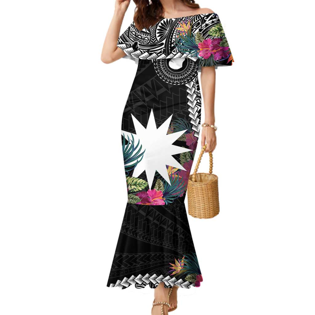 Black Nauru Family Matching Mermaid Dress and Hawaiian Shirt Naoero Map With Polynesian Tropical Flowers LT14 Mom's Dress Black - Polynesian Pride