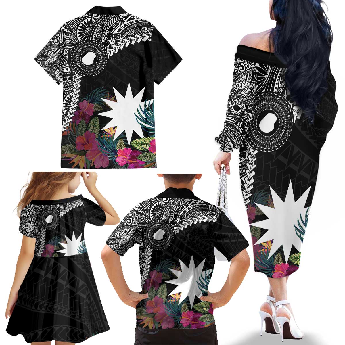 Black Nauru Family Matching Off The Shoulder Long Sleeve Dress and Hawaiian Shirt Naoero Map With Polynesian Tropical Flowers LT14 - Polynesian Pride