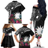 Black Nauru Family Matching Off The Shoulder Long Sleeve Dress and Hawaiian Shirt Naoero Map With Polynesian Tropical Flowers LT14 - Polynesian Pride