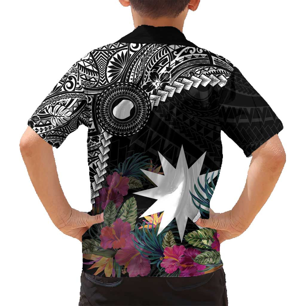 Black Nauru Family Matching Off Shoulder Maxi Dress and Hawaiian Shirt Naoero Map With Polynesian Tropical Flowers LT14 - Polynesian Pride