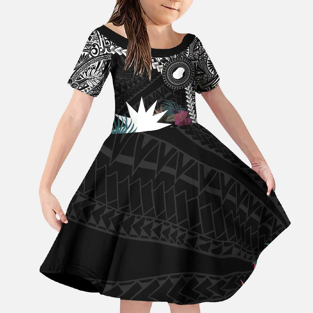 Black Nauru Family Matching Off Shoulder Maxi Dress and Hawaiian Shirt Naoero Map With Polynesian Tropical Flowers LT14 Daughter's Dress Black - Polynesian Pride