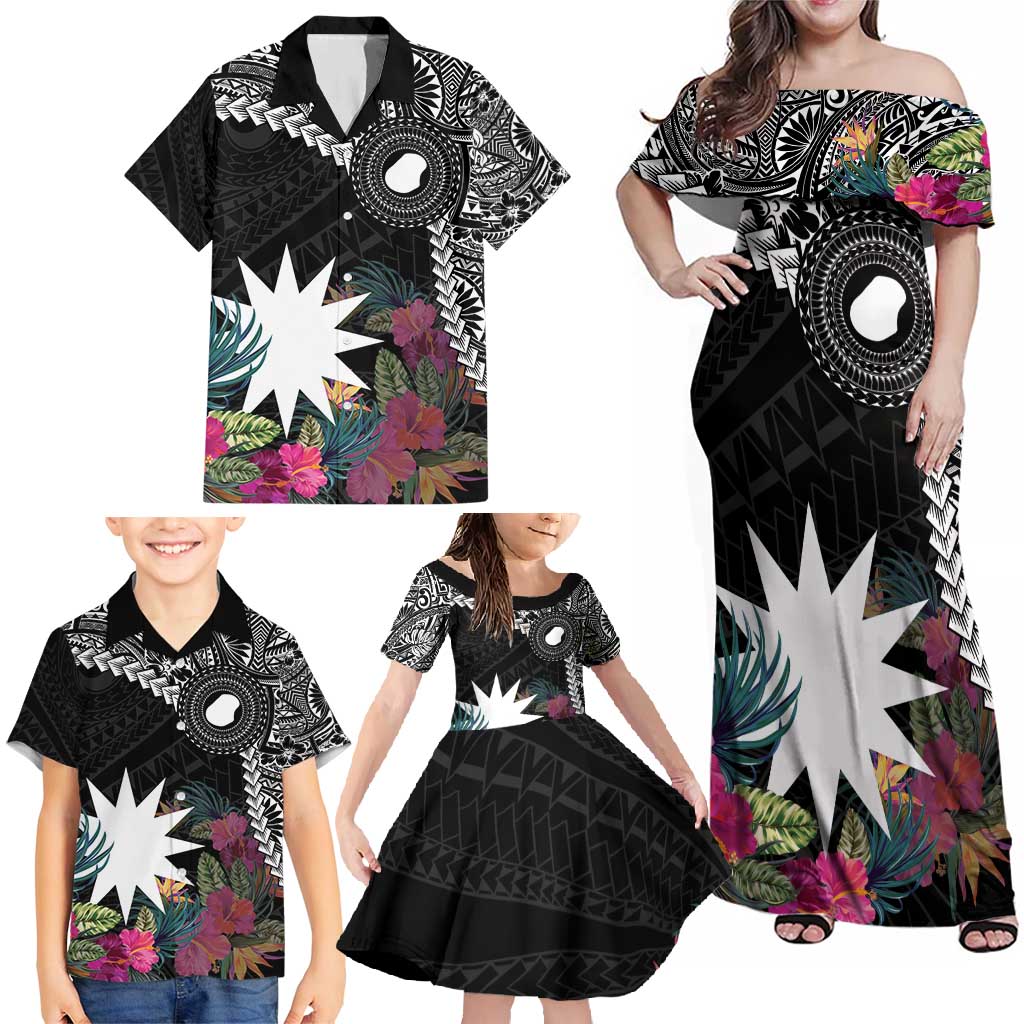 Black Nauru Family Matching Off Shoulder Maxi Dress and Hawaiian Shirt Naoero Map With Polynesian Tropical Flowers LT14 - Polynesian Pride