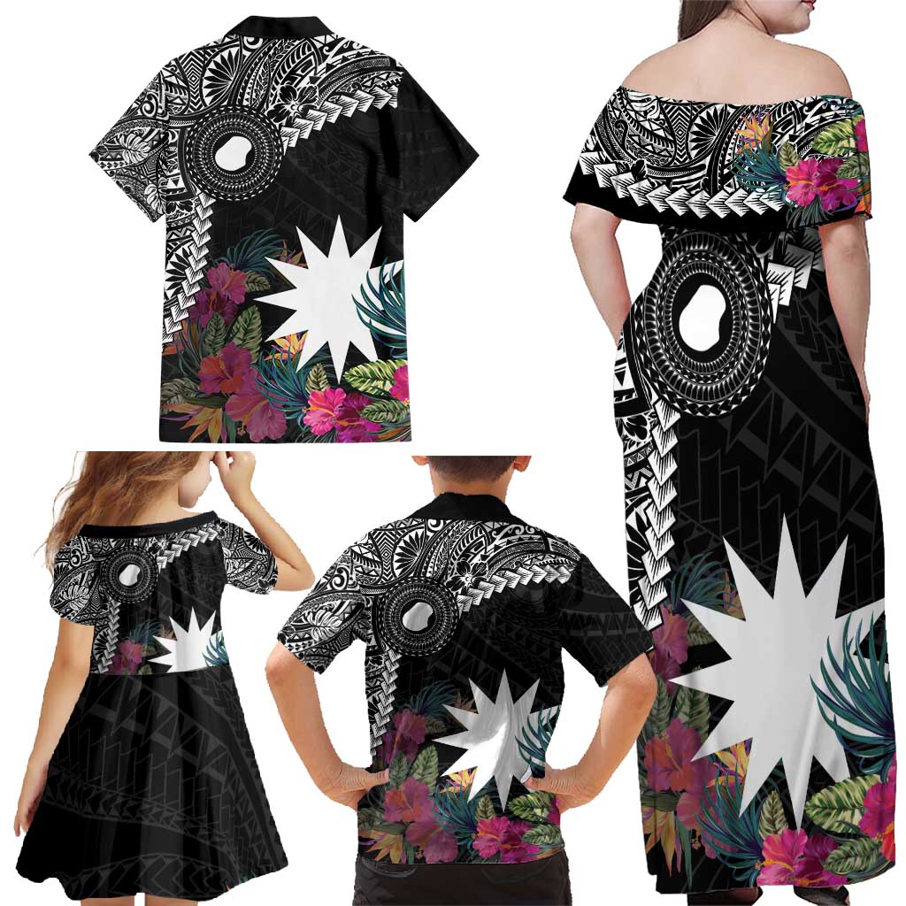 Black Nauru Family Matching Off Shoulder Maxi Dress and Hawaiian Shirt Naoero Map With Polynesian Tropical Flowers LT14 - Polynesian Pride