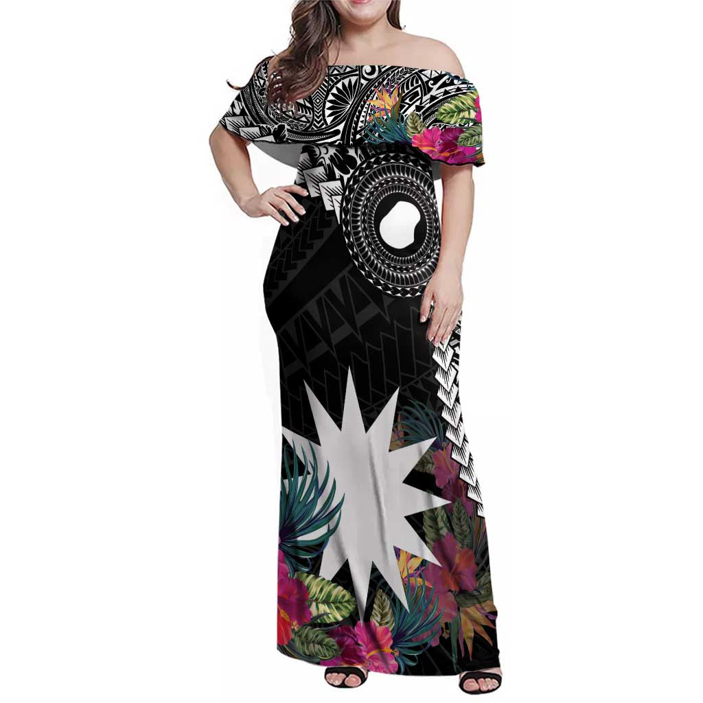 Black Nauru Family Matching Off Shoulder Maxi Dress and Hawaiian Shirt Naoero Map With Polynesian Tropical Flowers LT14 Mom's Dress Black - Polynesian Pride