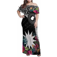 Black Nauru Family Matching Off Shoulder Maxi Dress and Hawaiian Shirt Naoero Map With Polynesian Tropical Flowers LT14 Mom's Dress Black - Polynesian Pride