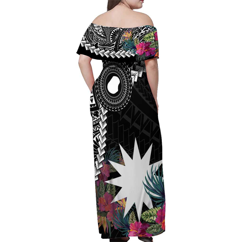 Black Nauru Family Matching Off Shoulder Maxi Dress and Hawaiian Shirt Naoero Map With Polynesian Tropical Flowers LT14 - Polynesian Pride