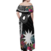 Black Nauru Family Matching Off Shoulder Maxi Dress and Hawaiian Shirt Naoero Map With Polynesian Tropical Flowers LT14 - Polynesian Pride