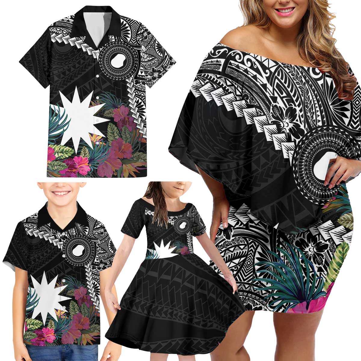 Black Nauru Family Matching Off Shoulder Short Dress and Hawaiian Shirt Naoero Map With Polynesian Tropical Flowers LT14 - Polynesian Pride