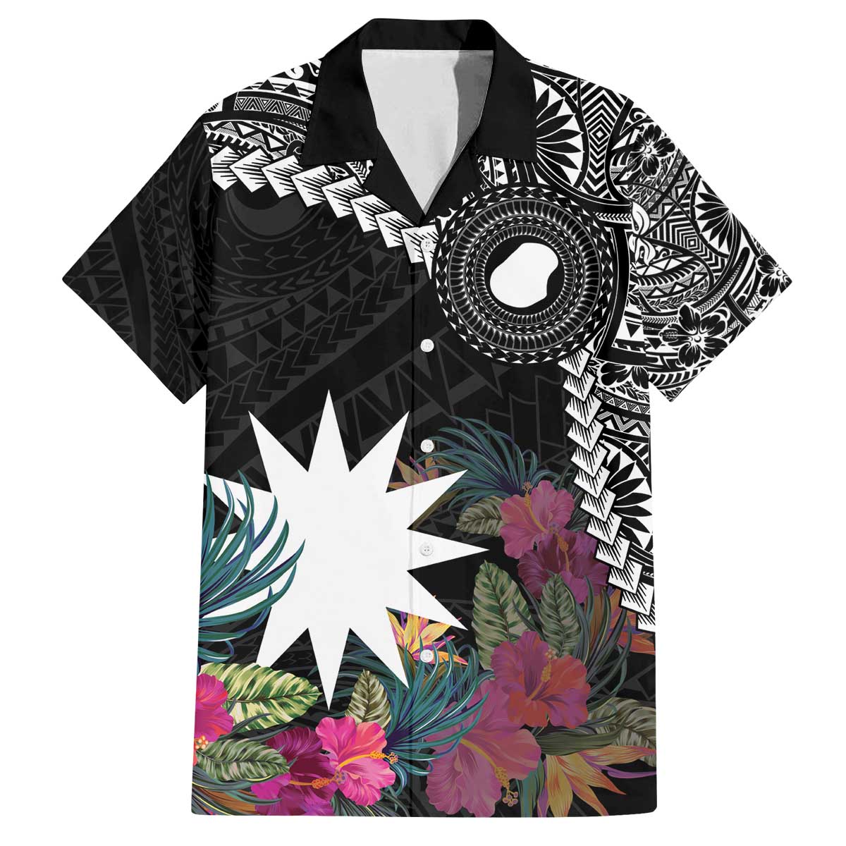 Black Nauru Family Matching Off Shoulder Short Dress and Hawaiian Shirt Naoero Map With Polynesian Tropical Flowers LT14 Dad's Shirt - Short Sleeve Black - Polynesian Pride