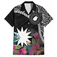 Black Nauru Family Matching Off Shoulder Short Dress and Hawaiian Shirt Naoero Map With Polynesian Tropical Flowers LT14 Dad's Shirt - Short Sleeve Black - Polynesian Pride