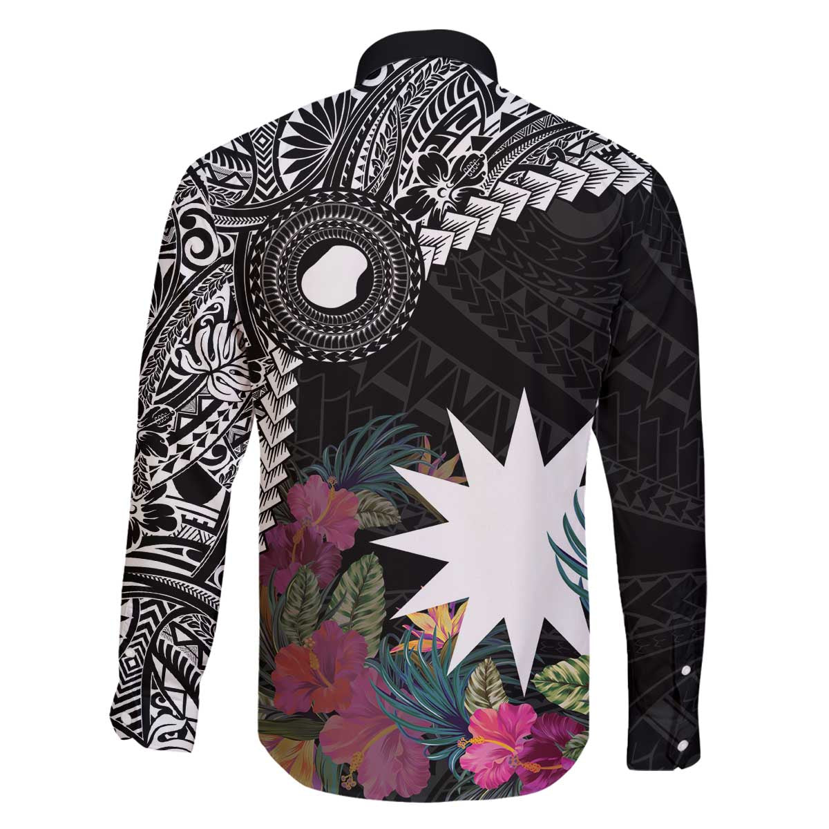 Black Nauru Family Matching Off Shoulder Short Dress and Hawaiian Shirt Naoero Map With Polynesian Tropical Flowers LT14 - Polynesian Pride
