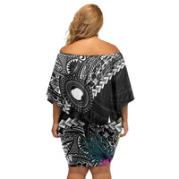Black Nauru Family Matching Off Shoulder Short Dress and Hawaiian Shirt Naoero Map With Polynesian Tropical Flowers LT14 - Polynesian Pride