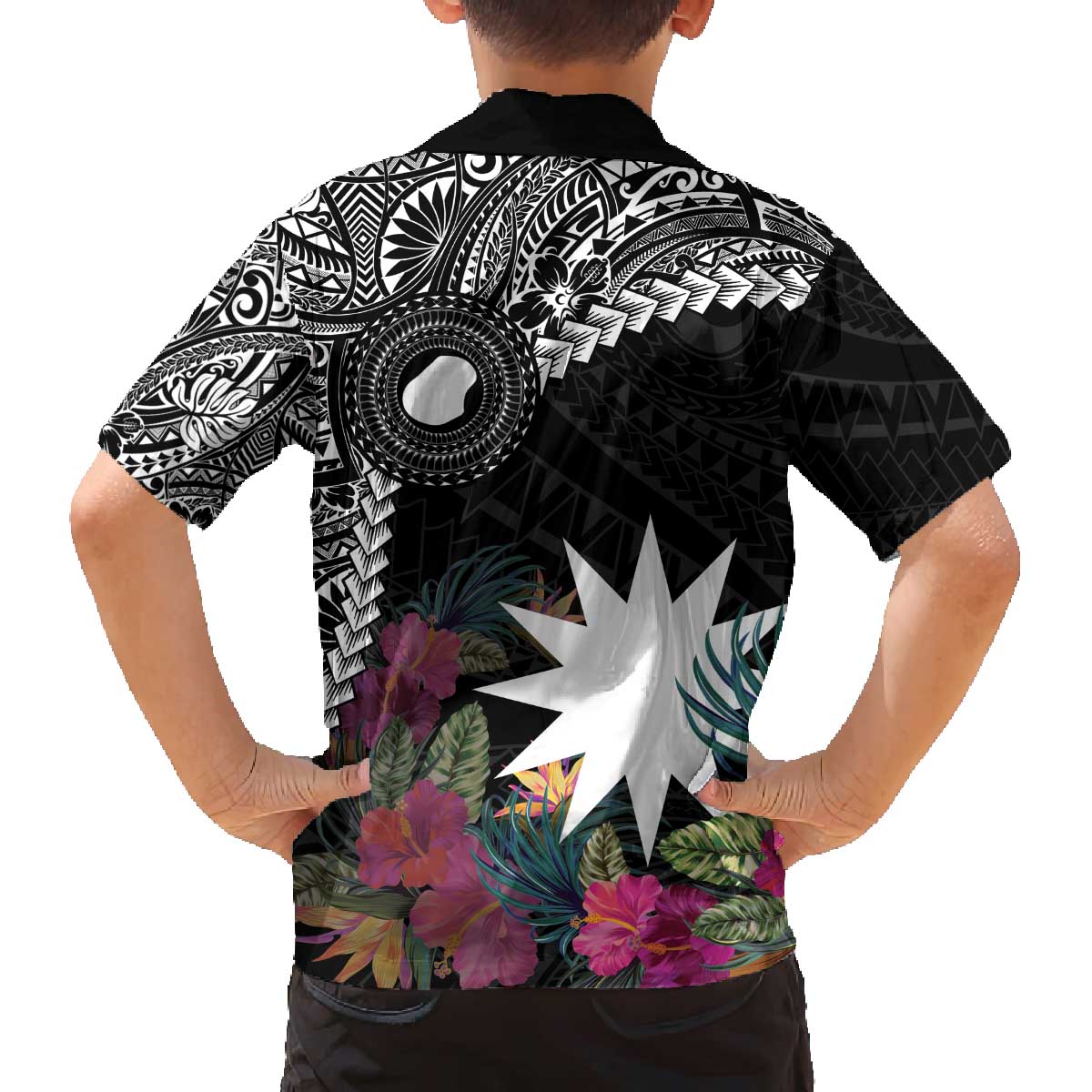 Black Nauru Family Matching Puletasi and Hawaiian Shirt Naoero Map With Polynesian Tropical Flowers LT14 - Polynesian Pride