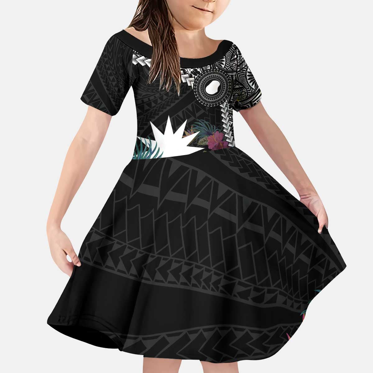 Black Nauru Family Matching Puletasi and Hawaiian Shirt Naoero Map With Polynesian Tropical Flowers LT14 Daughter's Dress Black - Polynesian Pride