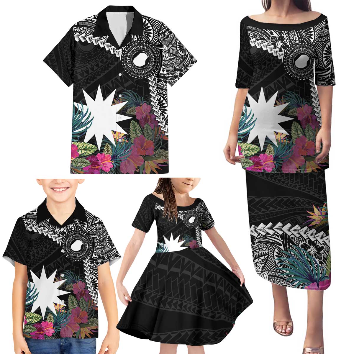 Black Nauru Family Matching Puletasi and Hawaiian Shirt Naoero Map With Polynesian Tropical Flowers LT14 - Polynesian Pride