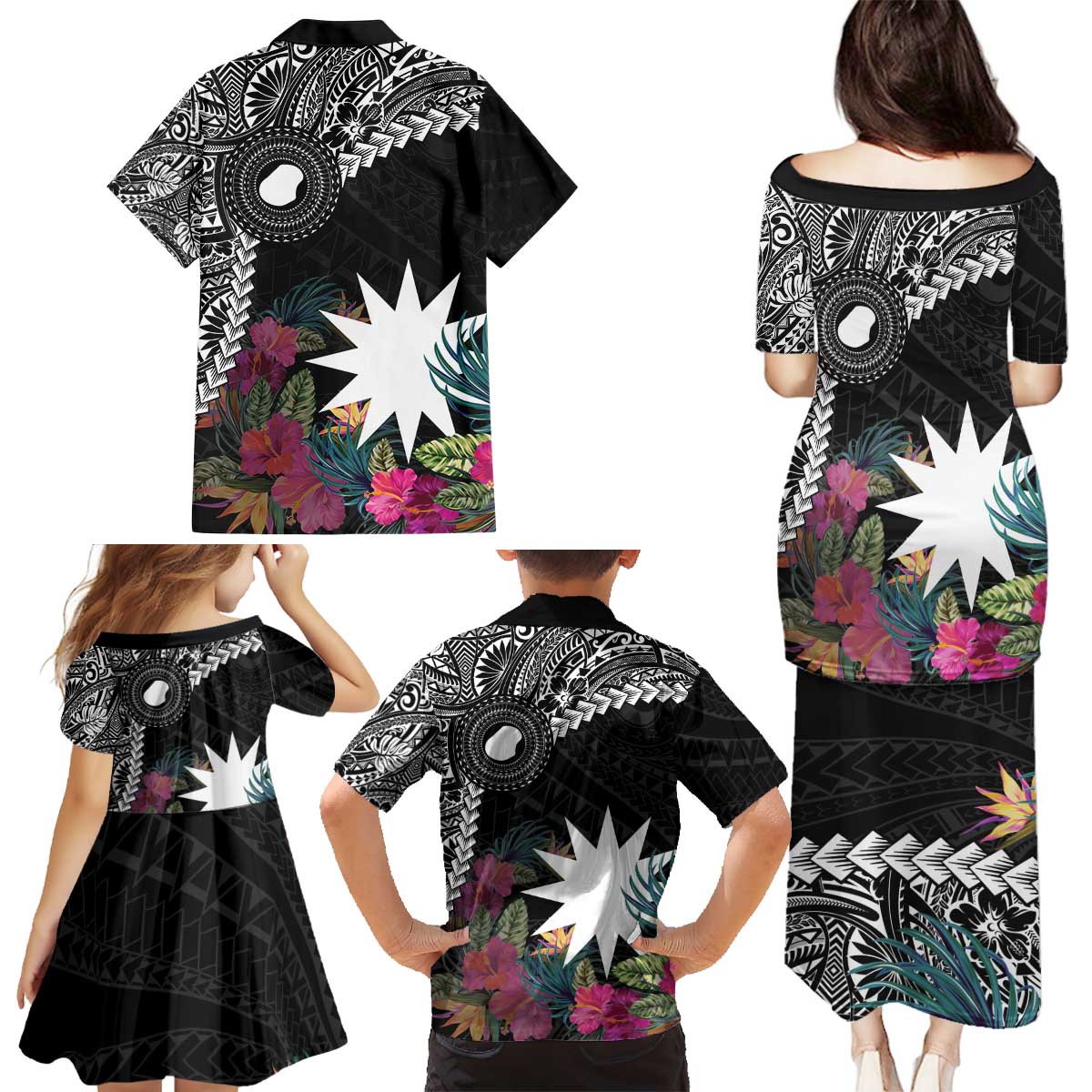 Black Nauru Family Matching Puletasi and Hawaiian Shirt Naoero Map With Polynesian Tropical Flowers LT14 - Polynesian Pride
