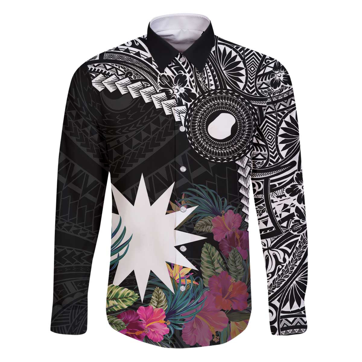Black Nauru Family Matching Puletasi and Hawaiian Shirt Naoero Map With Polynesian Tropical Flowers LT14 Dad's Shirt - Long Sleeve Black - Polynesian Pride