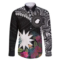 Black Nauru Family Matching Puletasi and Hawaiian Shirt Naoero Map With Polynesian Tropical Flowers LT14 Dad's Shirt - Long Sleeve Black - Polynesian Pride