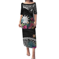 Black Nauru Family Matching Puletasi and Hawaiian Shirt Naoero Map With Polynesian Tropical Flowers LT14 Mom's Dress Black - Polynesian Pride