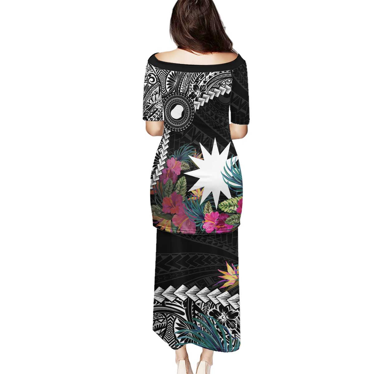Black Nauru Family Matching Puletasi and Hawaiian Shirt Naoero Map With Polynesian Tropical Flowers LT14 - Polynesian Pride