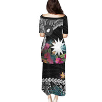 Black Nauru Family Matching Puletasi and Hawaiian Shirt Naoero Map With Polynesian Tropical Flowers LT14 - Polynesian Pride