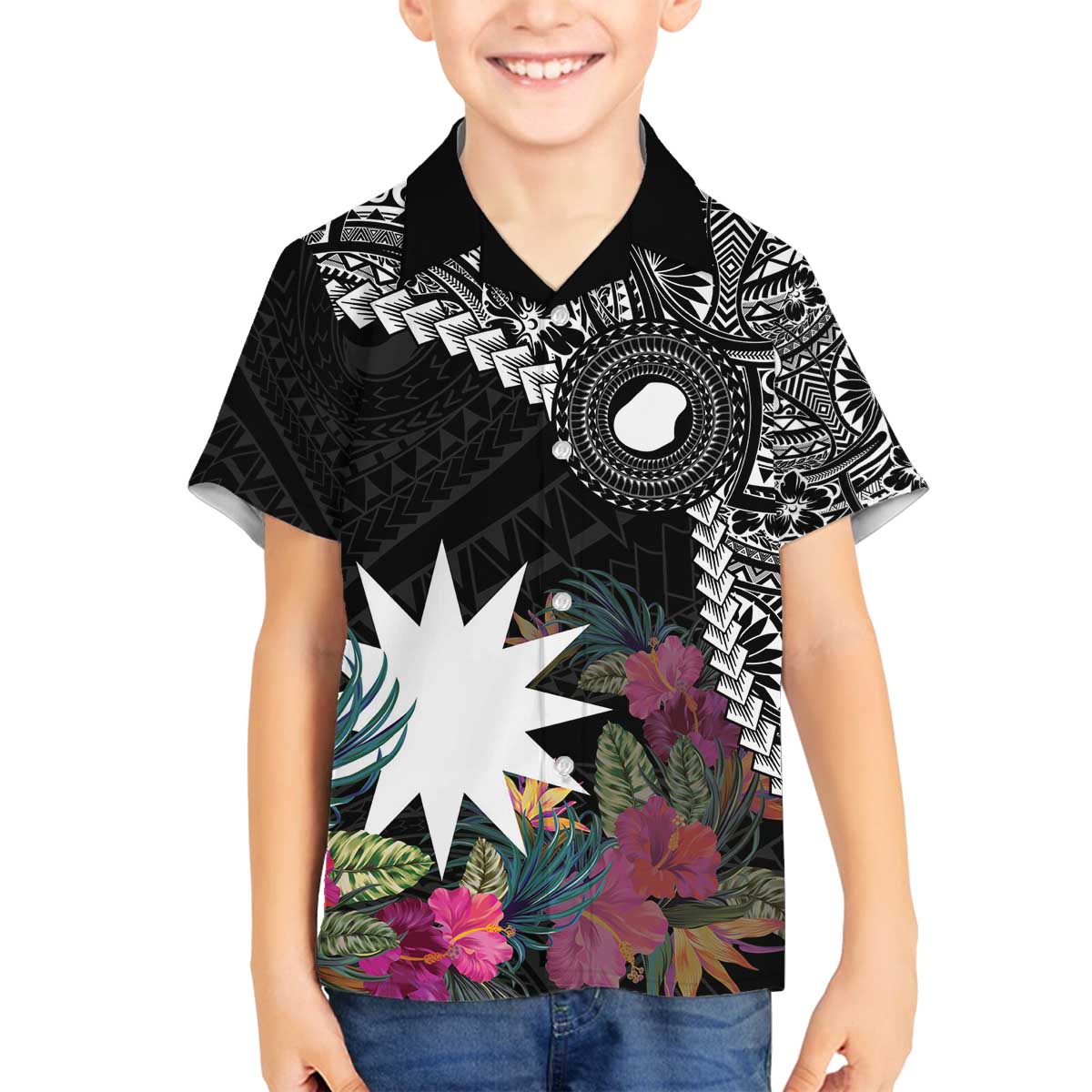 Black Nauru Family Matching Puletasi and Hawaiian Shirt Naoero Map With Polynesian Tropical Flowers LT14 Son's Shirt Black - Polynesian Pride