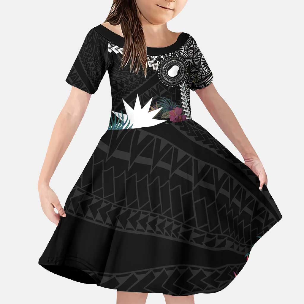 Black Nauru Family Matching Short Sleeve Bodycon Dress and Hawaiian Shirt Naoero Map With Polynesian Tropical Flowers LT14 Daughter's Dress Black - Polynesian Pride