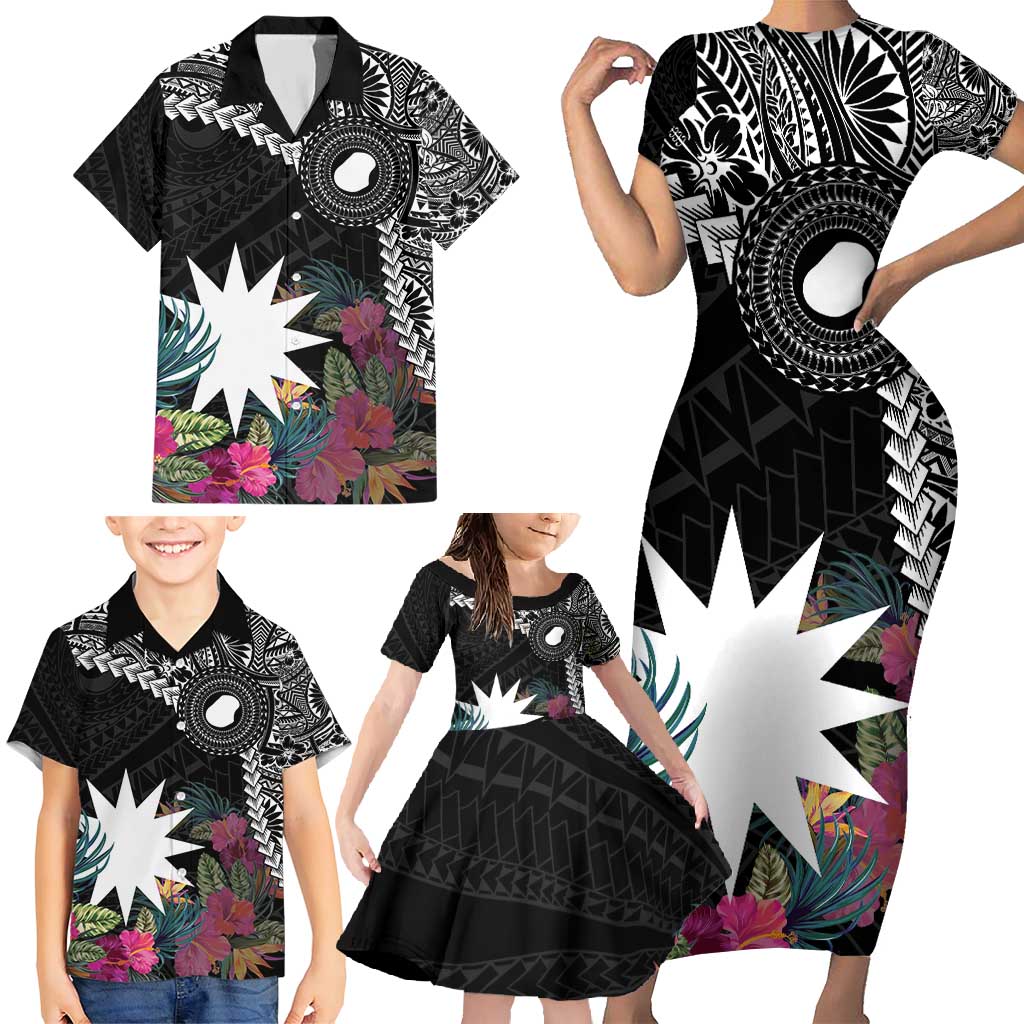 Black Nauru Family Matching Short Sleeve Bodycon Dress and Hawaiian Shirt Naoero Map With Polynesian Tropical Flowers LT14 - Polynesian Pride