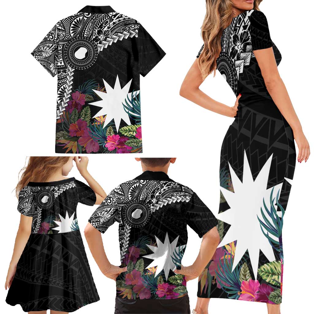 Black Nauru Family Matching Short Sleeve Bodycon Dress and Hawaiian Shirt Naoero Map With Polynesian Tropical Flowers LT14 - Polynesian Pride