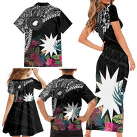 Black Nauru Family Matching Short Sleeve Bodycon Dress and Hawaiian Shirt Naoero Map With Polynesian Tropical Flowers LT14 - Polynesian Pride