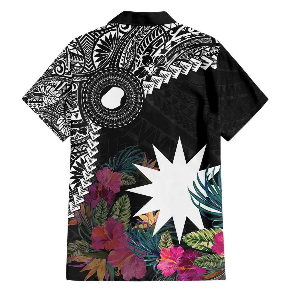 Black Nauru Family Matching Short Sleeve Bodycon Dress and Hawaiian Shirt Naoero Map With Polynesian Tropical Flowers LT14 - Polynesian Pride