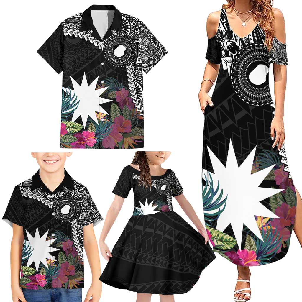 Black Nauru Family Matching Summer Maxi Dress and Hawaiian Shirt Naoero Map With Polynesian Tropical Flowers LT14 - Polynesian Pride