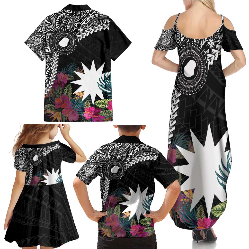 Black Nauru Family Matching Summer Maxi Dress and Hawaiian Shirt Naoero Map With Polynesian Tropical Flowers LT14 - Polynesian Pride