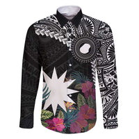 Black Nauru Family Matching Summer Maxi Dress and Hawaiian Shirt Naoero Map With Polynesian Tropical Flowers LT14 Dad's Shirt - Long Sleeve Black - Polynesian Pride