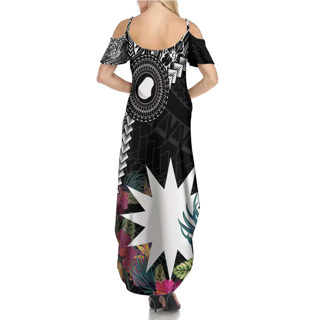 Black Nauru Family Matching Summer Maxi Dress and Hawaiian Shirt Naoero Map With Polynesian Tropical Flowers LT14 - Polynesian Pride
