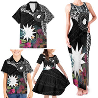Black Nauru Family Matching Tank Maxi Dress and Hawaiian Shirt Naoero Map With Polynesian Tropical Flowers LT14 - Polynesian Pride