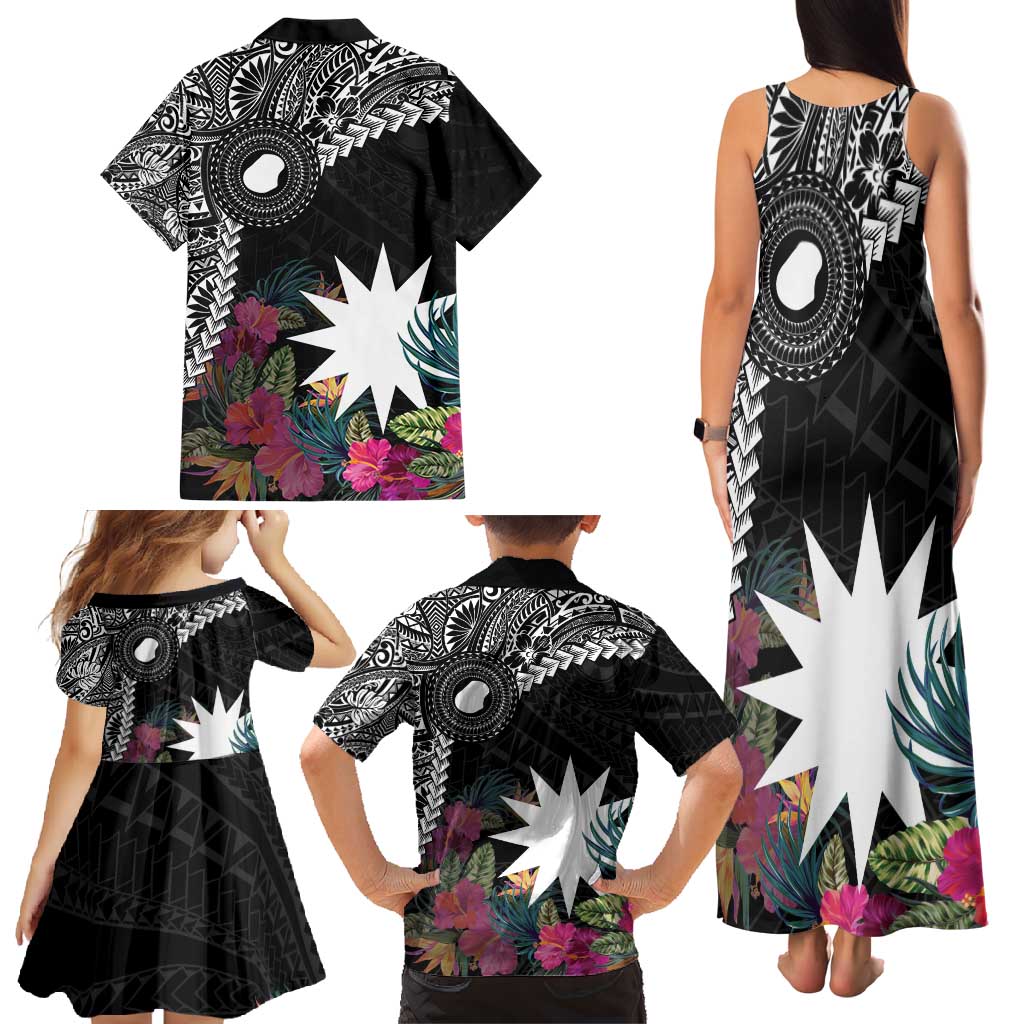 Black Nauru Family Matching Tank Maxi Dress and Hawaiian Shirt Naoero Map With Polynesian Tropical Flowers LT14 - Polynesian Pride