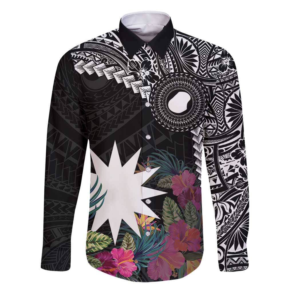 Black Nauru Family Matching Tank Maxi Dress and Hawaiian Shirt Naoero Map With Polynesian Tropical Flowers LT14 Dad's Shirt - Long Sleeve Black - Polynesian Pride