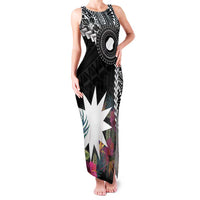 Black Nauru Family Matching Tank Maxi Dress and Hawaiian Shirt Naoero Map With Polynesian Tropical Flowers LT14 Mom's Dress Black - Polynesian Pride