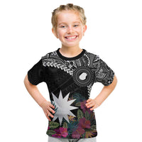 Black Nauru Kid T Shirt Naoero Map With Polynesian Tropical Flowers LT14 Black - Polynesian Pride