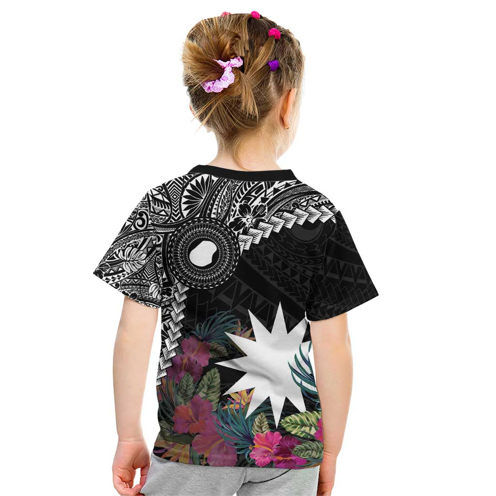 Black Nauru Kid T Shirt Naoero Map With Polynesian Tropical Flowers LT14 - Polynesian Pride