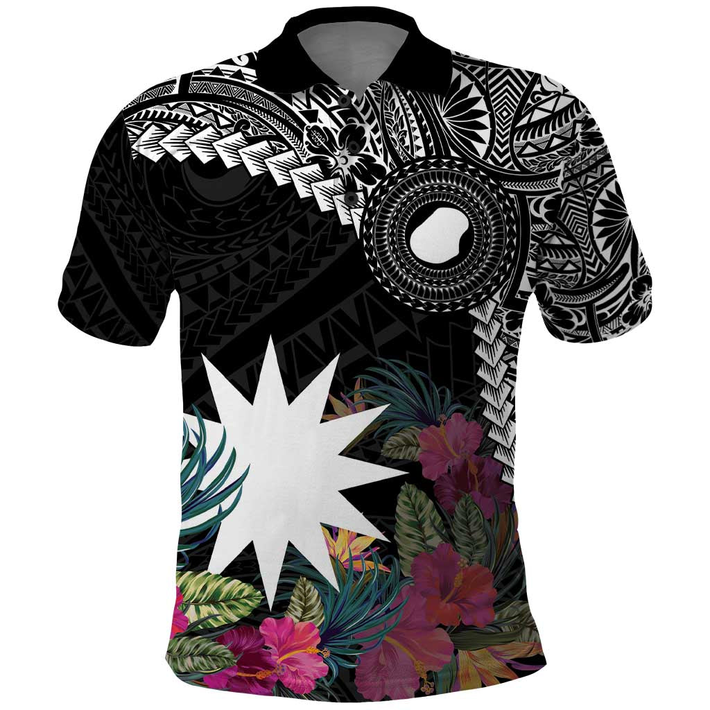 Black Nauru Polo Shirt Naoero Map With Polynesian Tropical Flowers LT14 Black - Polynesian Pride
