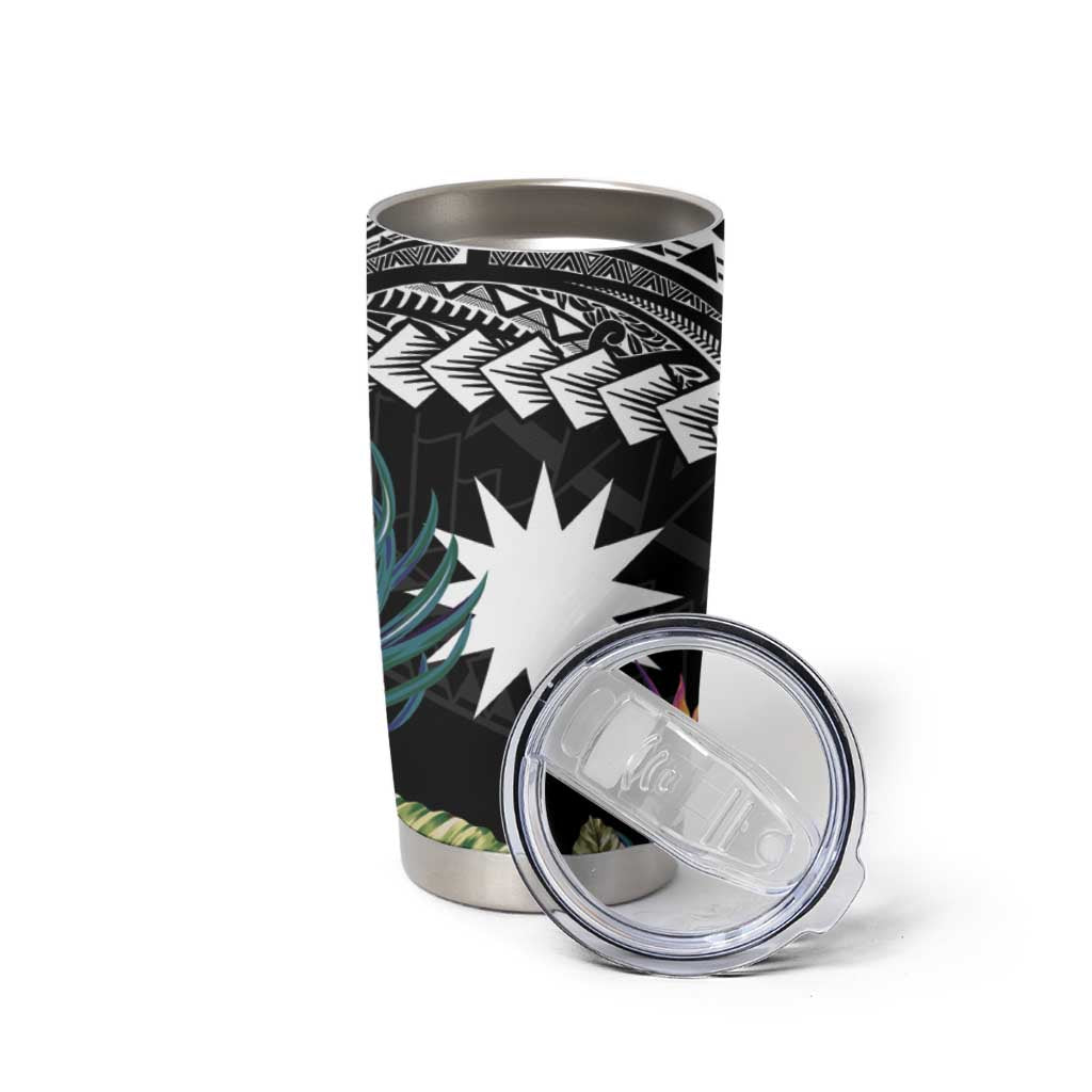 Black Nauru Tumbler Cup Naoero Map With Polynesian Tropical Flowers LT14 - Polynesian Pride