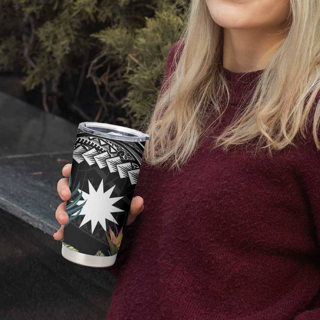 Black Nauru Tumbler Cup Naoero Map With Polynesian Tropical Flowers LT14 - Polynesian Pride
