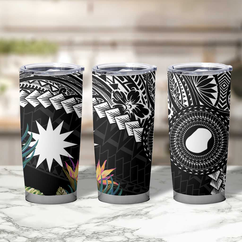 Black Nauru Tumbler Cup Naoero Map With Polynesian Tropical Flowers LT14 - Polynesian Pride