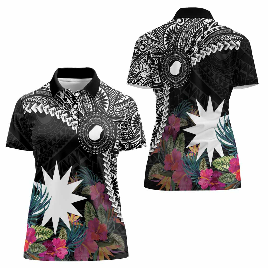 Black Nauru Women Polo Shirt Naoero Map With Polynesian Tropical Flowers