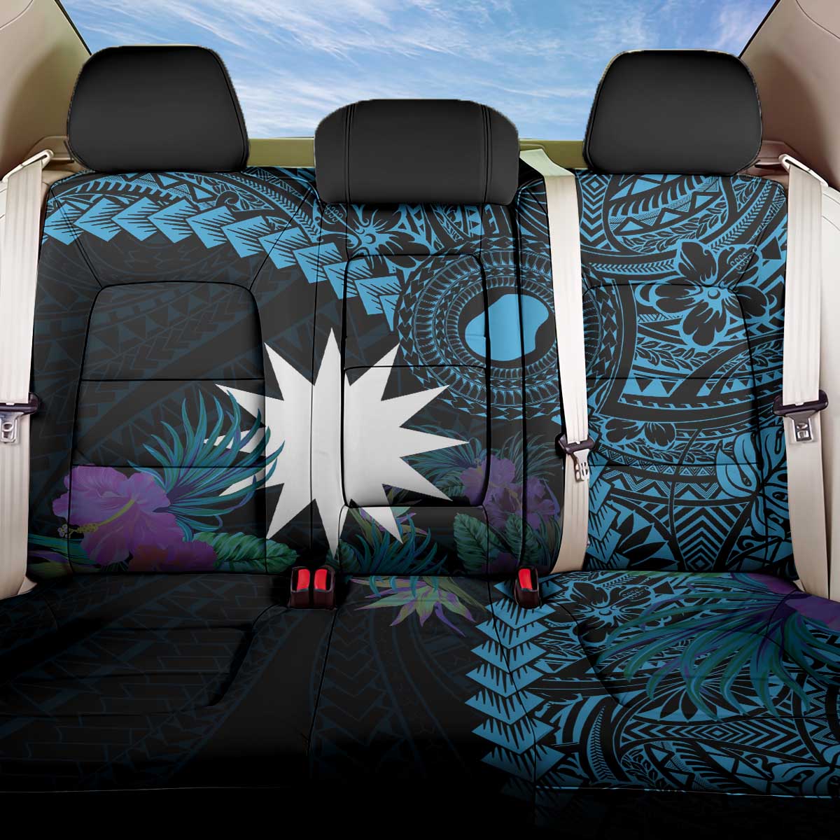 Blue Nauru Back Car Seat Cover Naoero Map With Polynesian Tropical Flowers LT14 One Size Blue - Polynesian Pride
